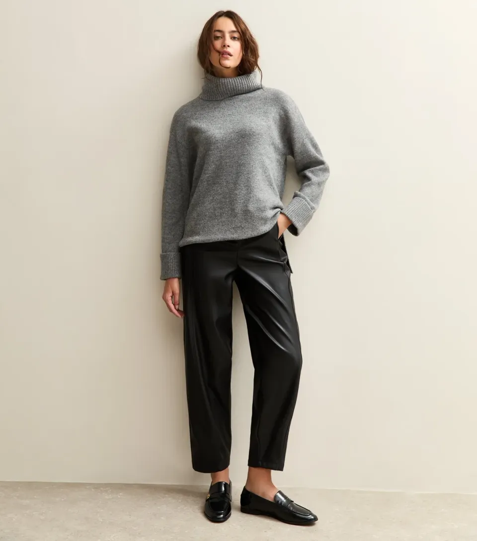 Women's Black Faux Leather Barrel Leg Trousers