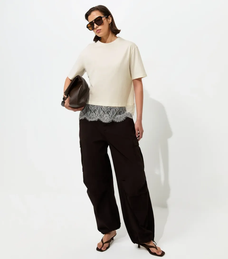 Women's White Lace Hem Boxy T-Shirt