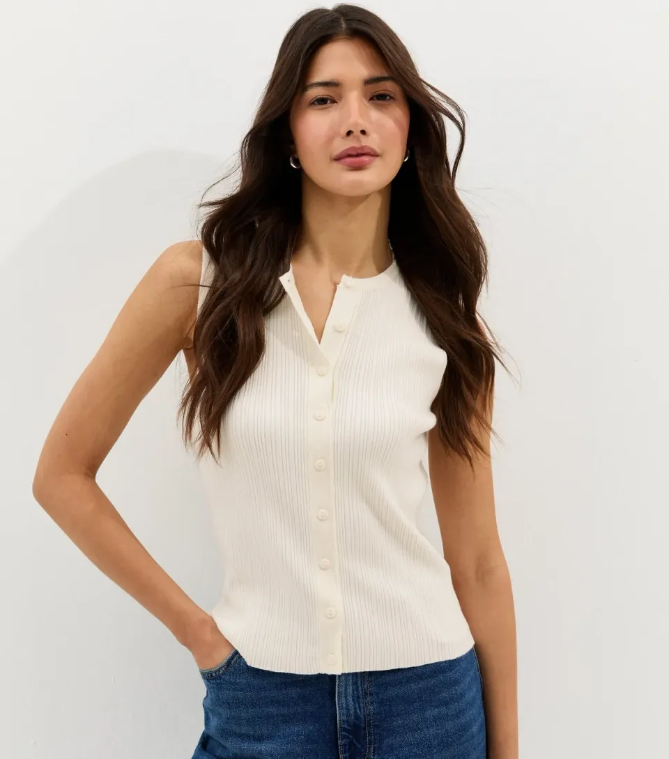 Women's Cream Lightweight Rib Button Vest Top