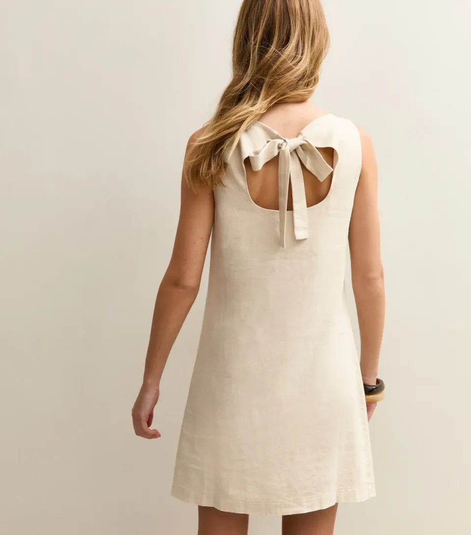 Women's Stone Linen Blend Tie Back Mini Dress