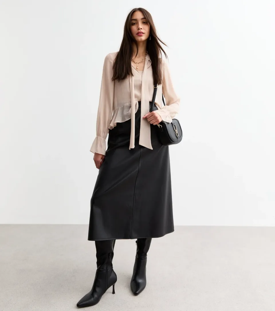 Women's Black Panelled Faux Leather Midi Skirt