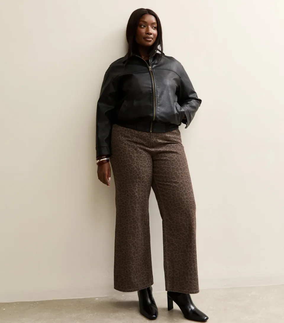 Women's Plus Size Brown Leopard Print Wide Leg Jeans Curves