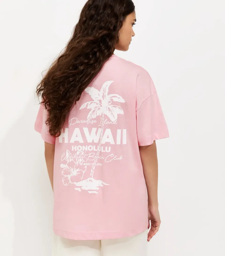 Women's Bright Pink Cotton Hawaii Print Oversized T-Shirt