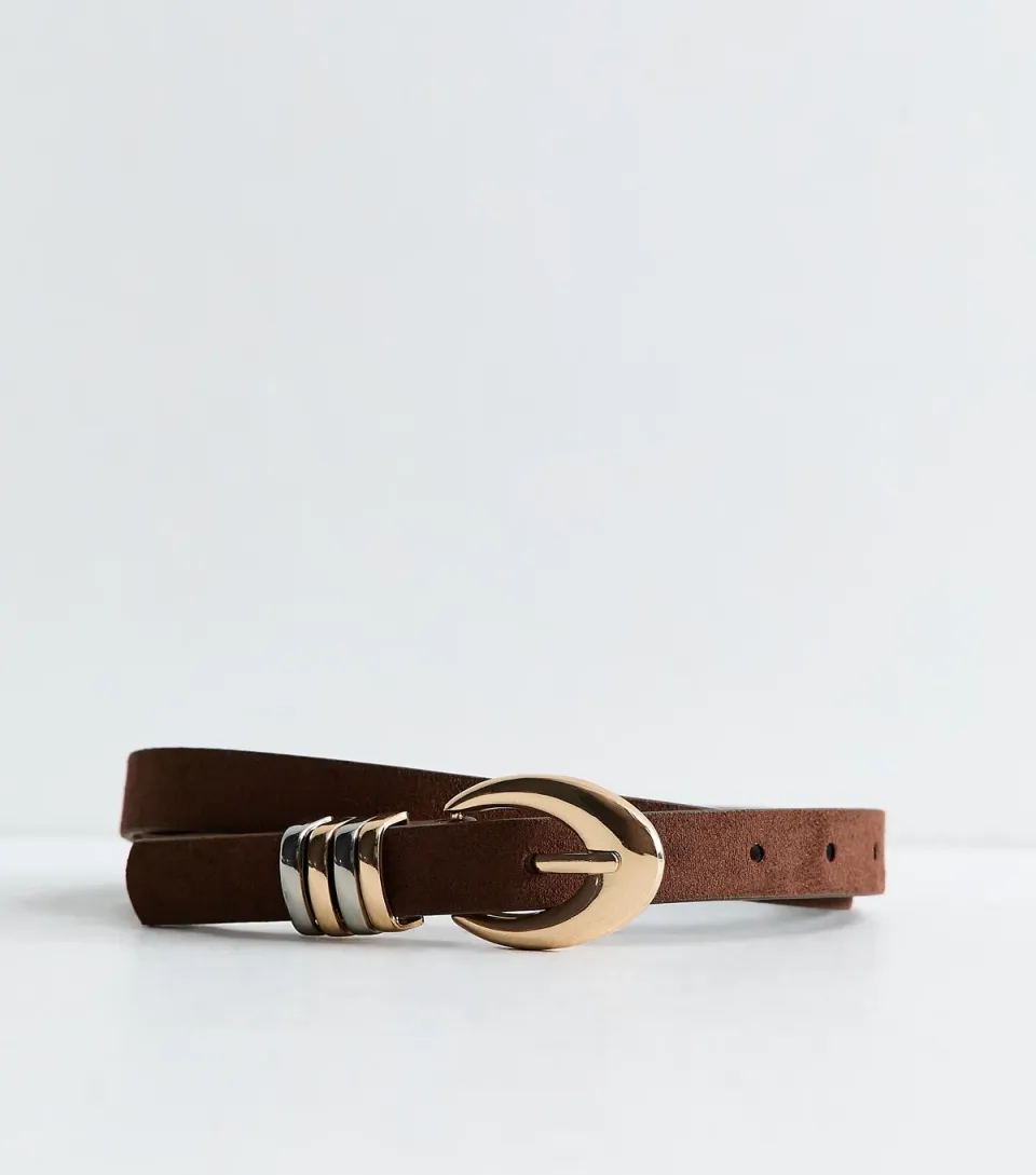 Dark Brown Faux Suede Mixed Metal Oval Buckle Belt