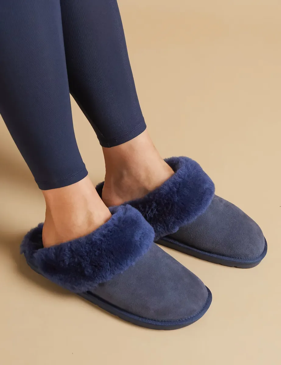Leather Sheepskin Mule Slippers Navy