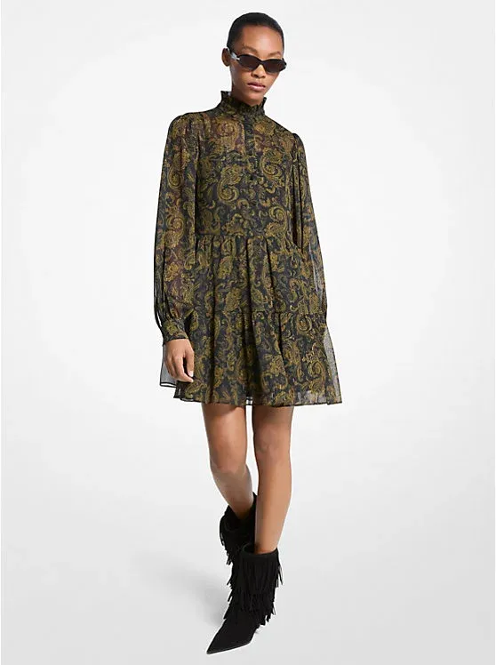 Metallic Paisley Print Georgette Mini Dress