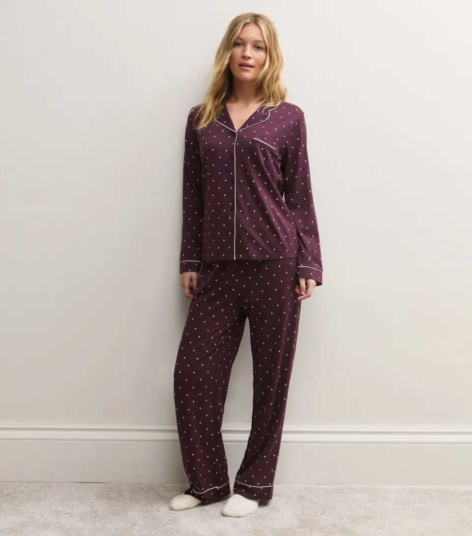 Women's Burgundy Jersey Polka Dot Shirt and Trousers Pyjama Set