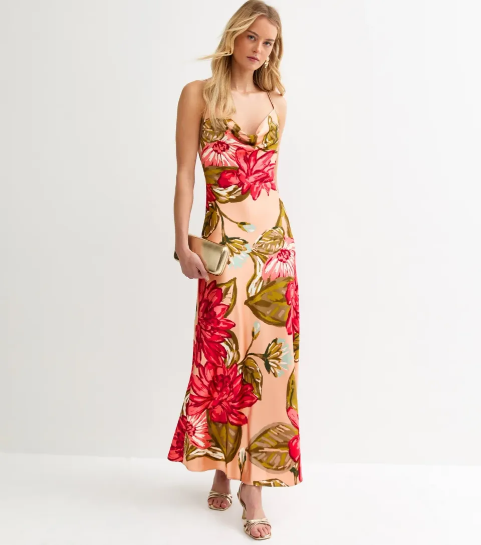 Women's Tall Orange Lotus Print Midi Dress