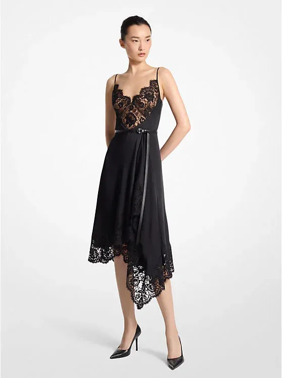 Lace Trim Satin Charmeuse Asymmetric Slip Dress