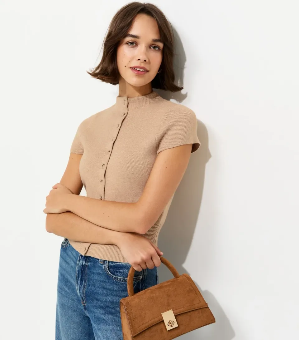 Women's Oatmeal Short Sleeve Knitted Cardigan