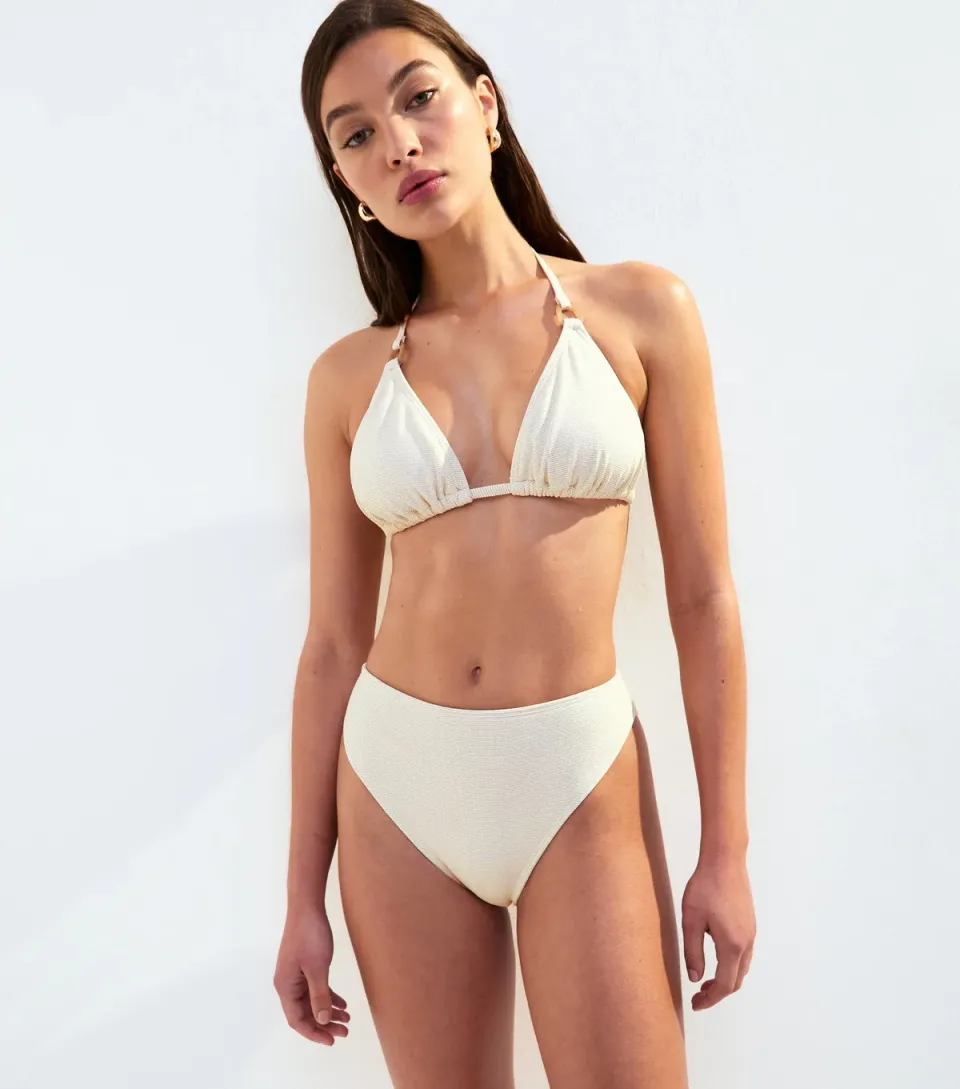 Women's Cream Metallic Textured Bikini Bottoms