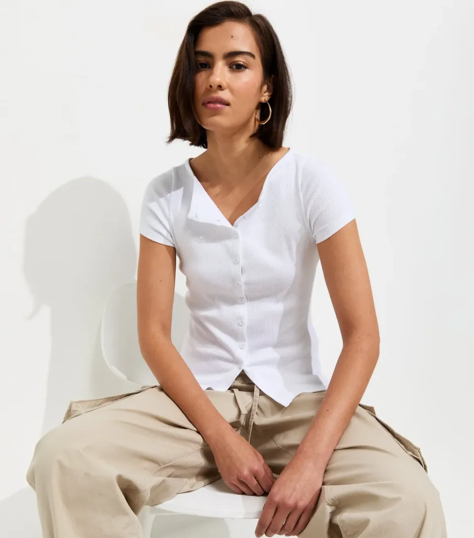 Women's White Cotton Rich Button Through Baby Tee T-Shirt