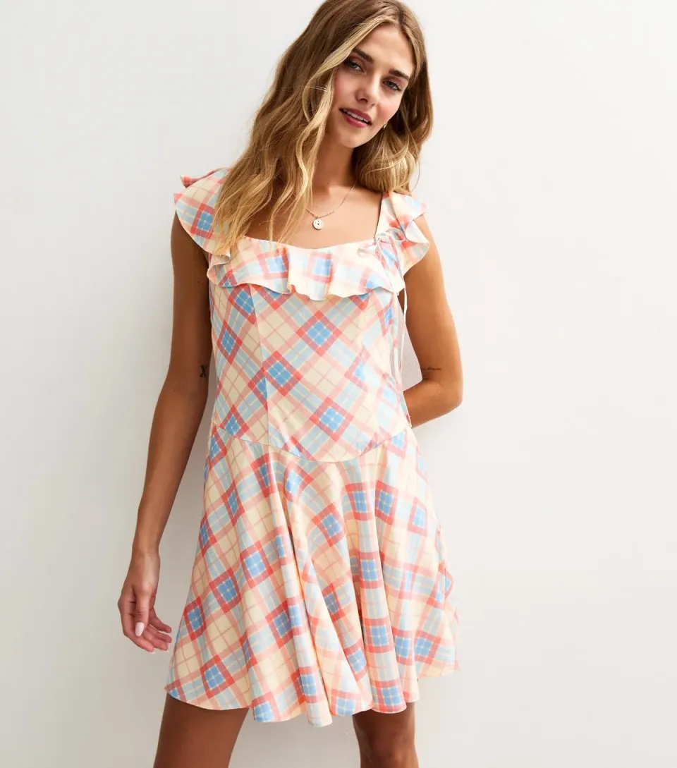 Women's Pink Check Print Ruffle Front Side Bow Mini Dress