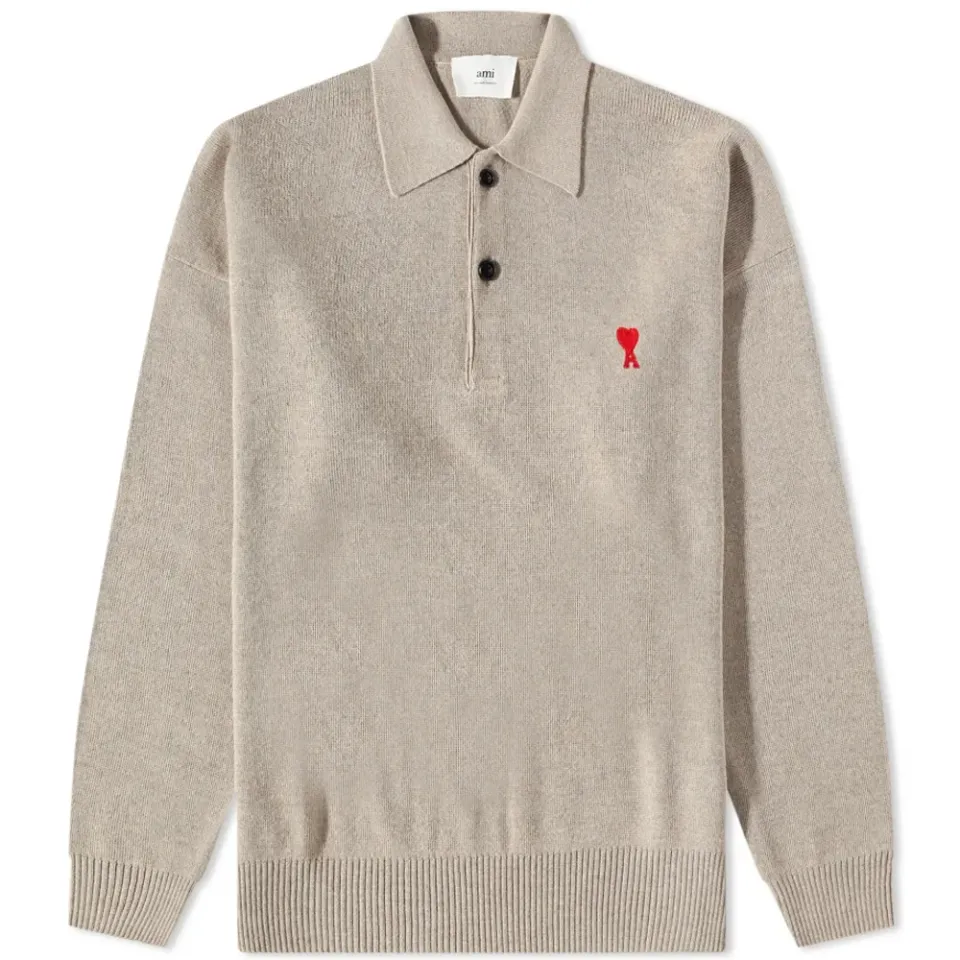 AMI Long Sleeve Small A Heart Knit Polo