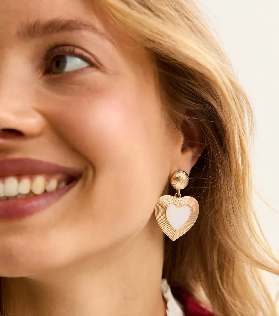 Gold Tone Ribbed Drop Heart Earrings