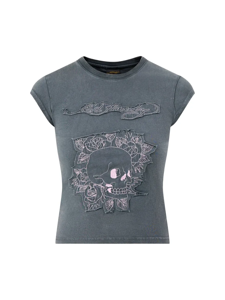 Floral Skull Self Applique Cap Sleeve Tee