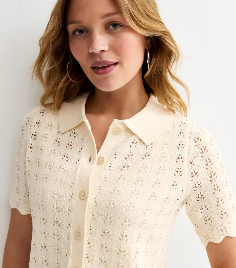 Women's Cream Cotton Rich Pointelle Button Up Short Sleeve Cardigan