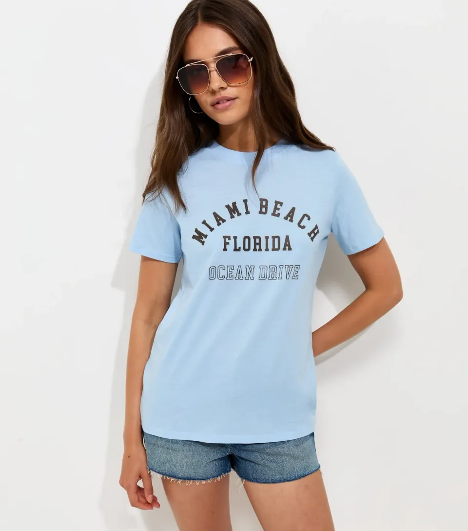 Women's Light Blue Cotton Miami Beach Print Relaxed T-Shirt