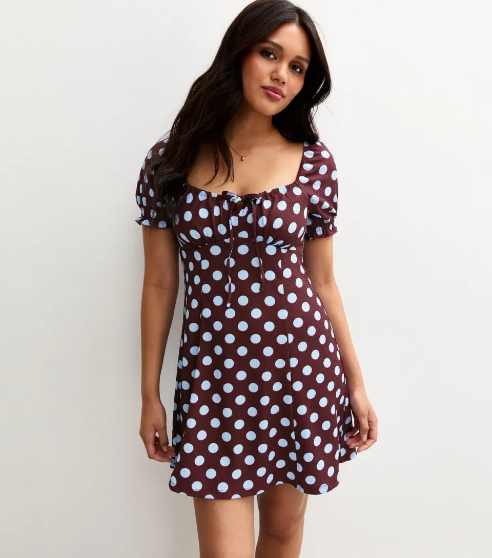 Women's Red Spot Print Crinkle Texture Milkmaid Mini Dress