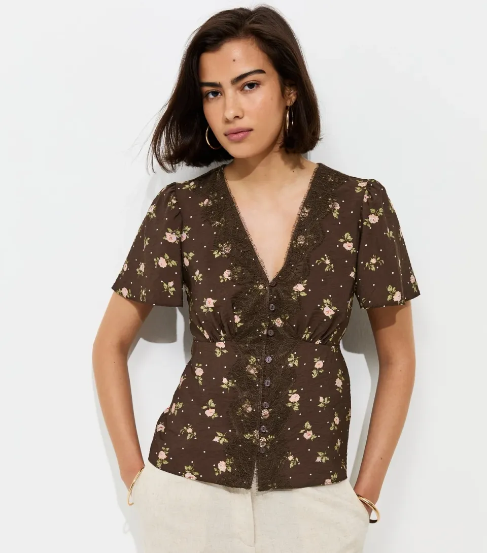 Women's Brown Floral Spot Lace Trim Blouse