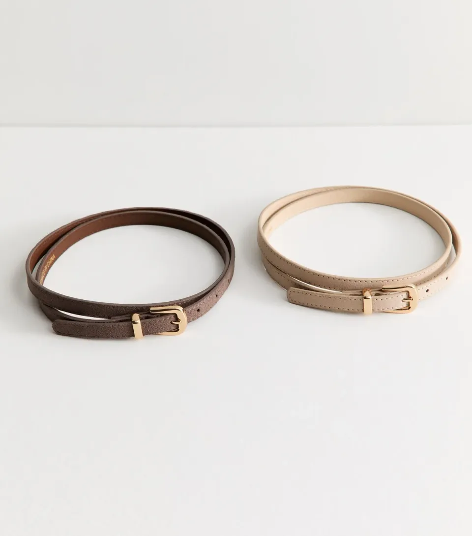 Pack Of 2 Mink Faux Suede Skinny Belts