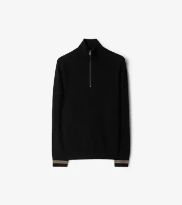 Icon Stripe Trim Wool Half-zip Sweater in Black