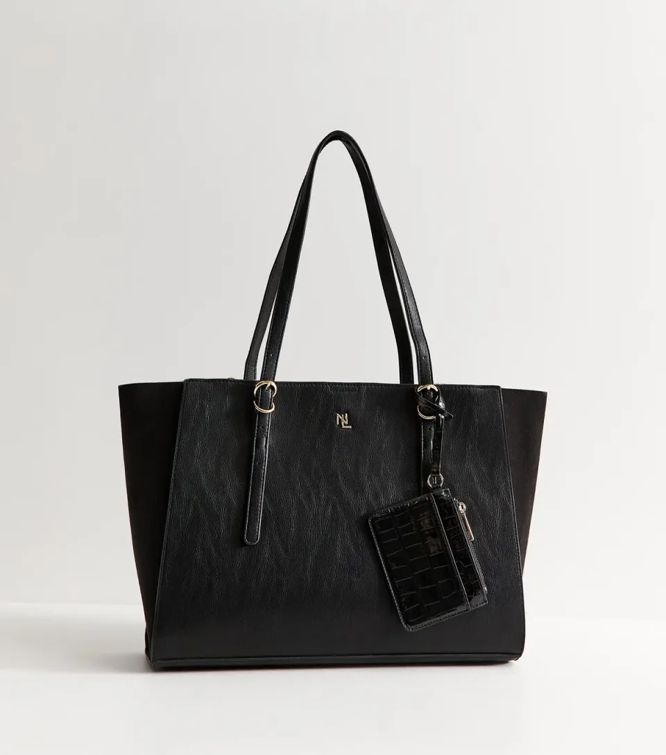 Black Faux Leather Detachable Purse Tote Bag Vegan