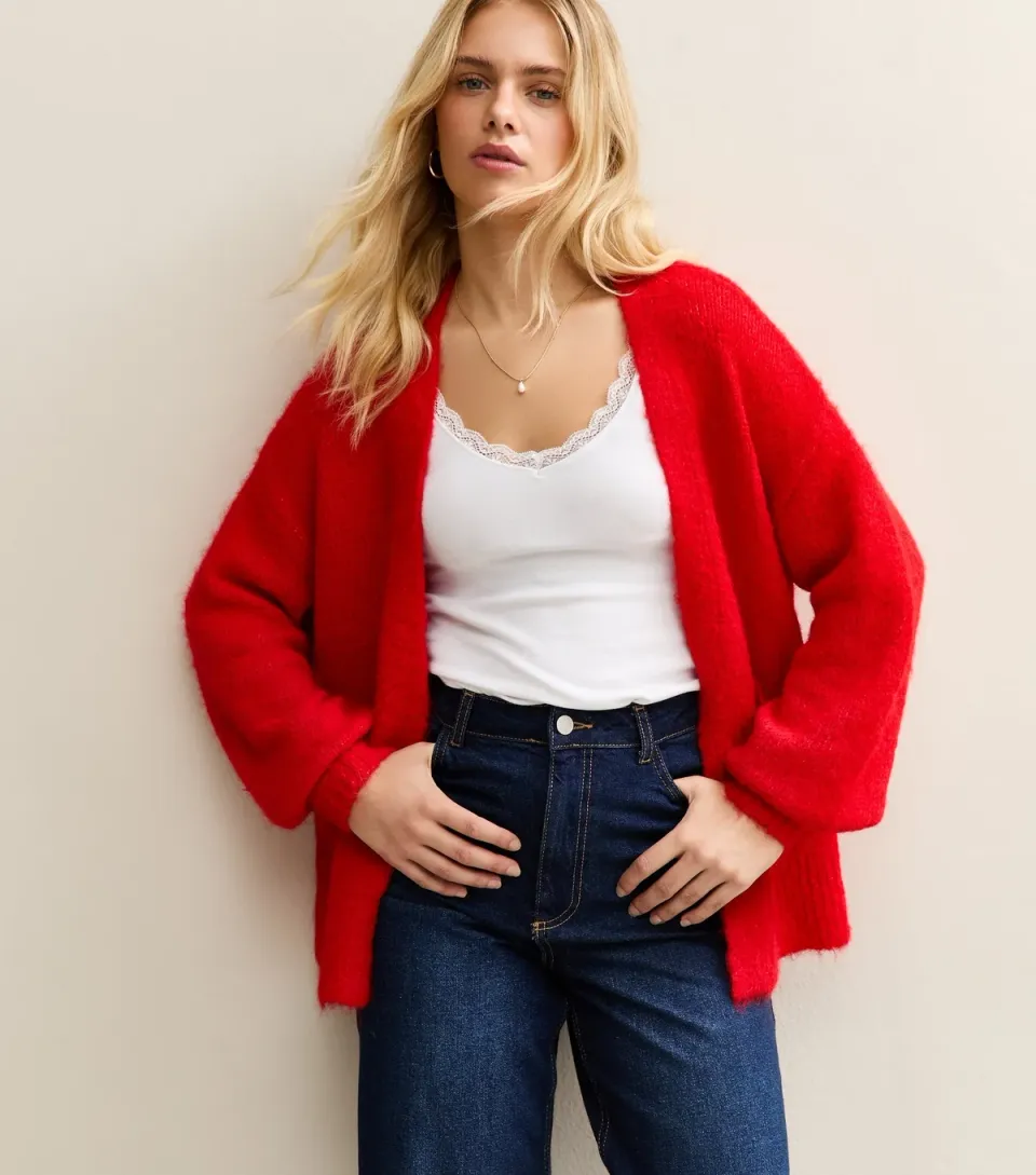 Women's Petite Bright Red Open Front Cardigan