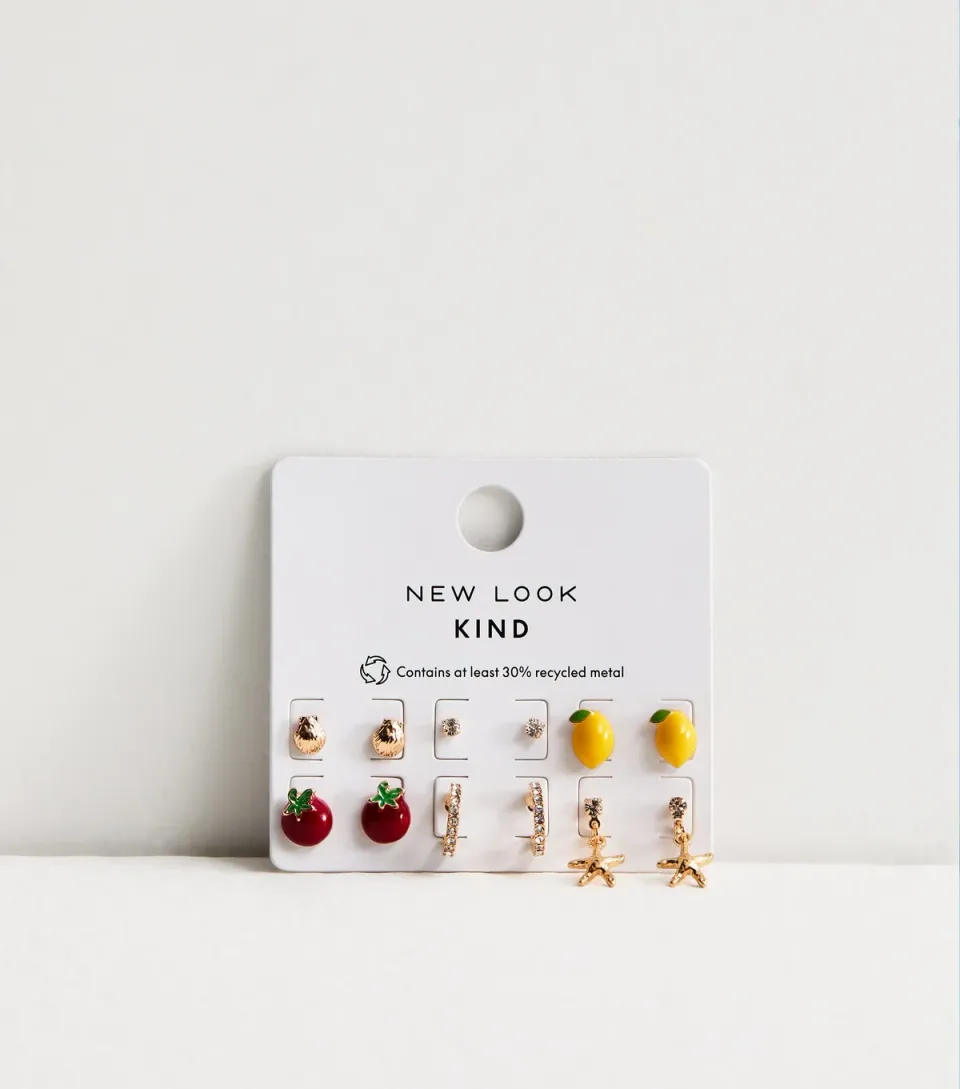 Pack of 6 Gold Tone Fruit Stud and Hoop Earrings