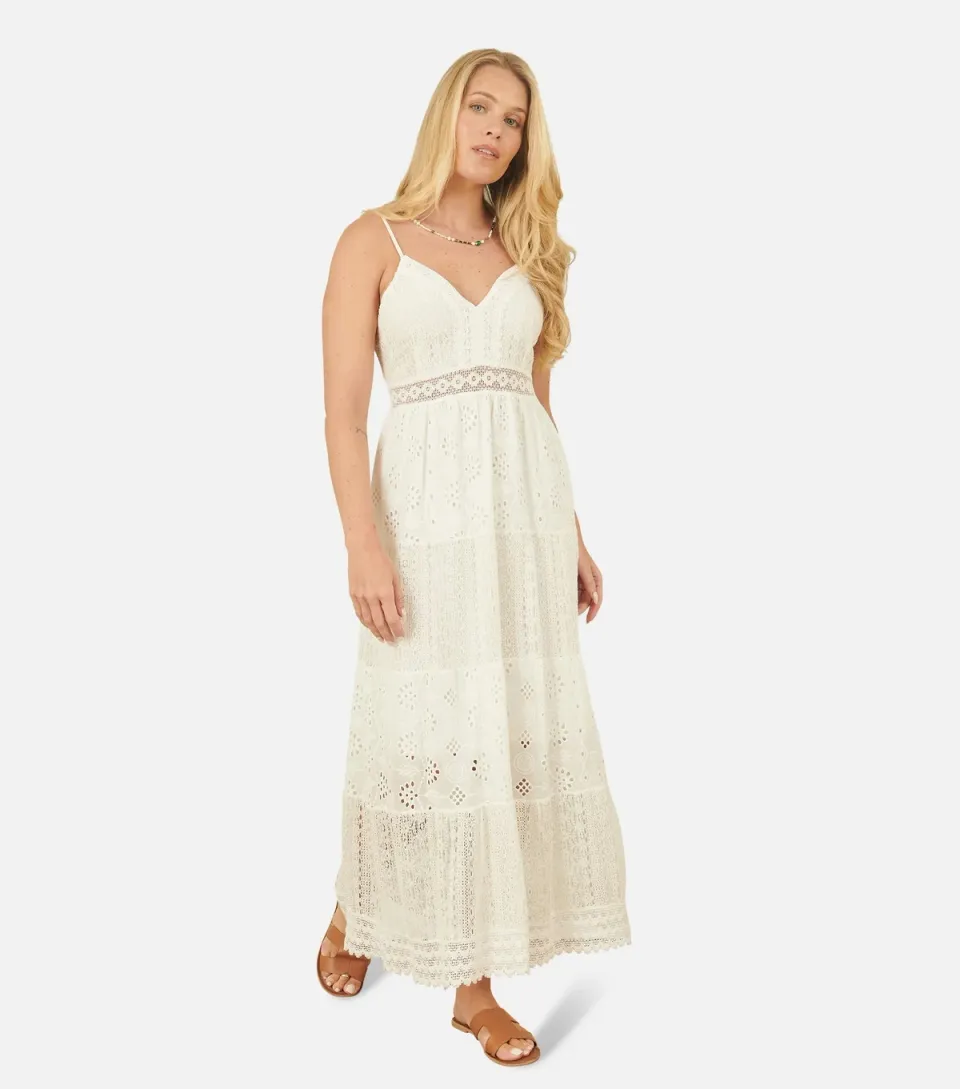 Women's White Broderie Embroidered Lace Tiered Dress