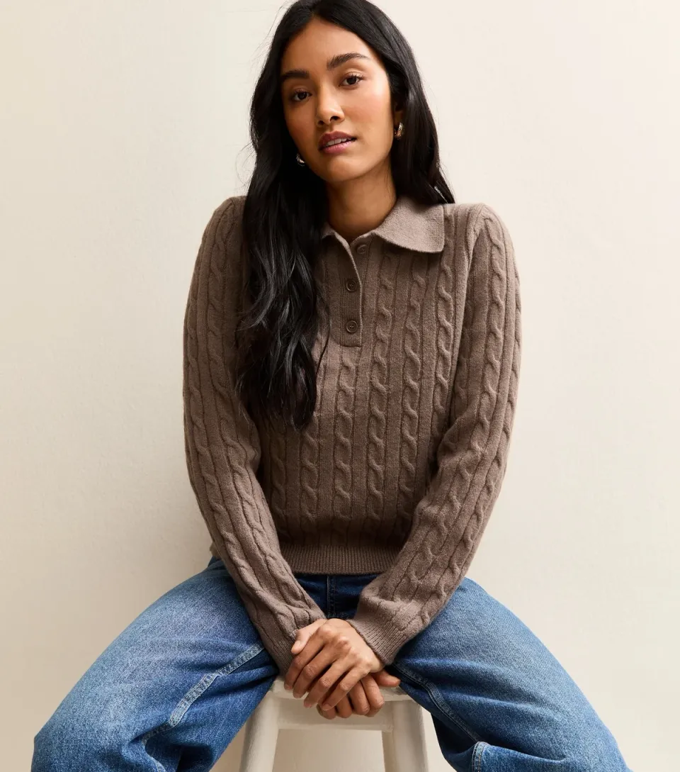 Women's Cream Cable Knit Button Polo Jumper