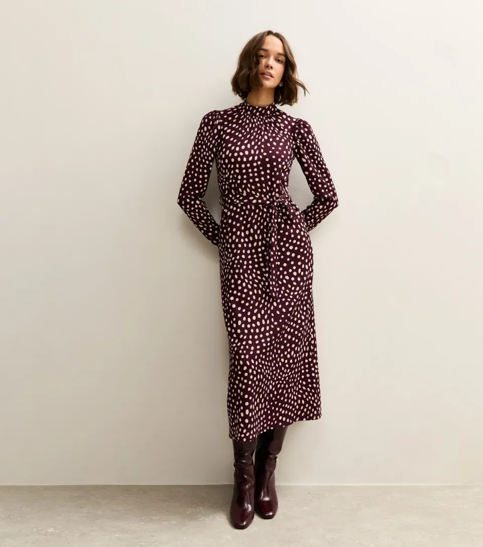 Women's Dark Red Spotty High Neck Midi Dress