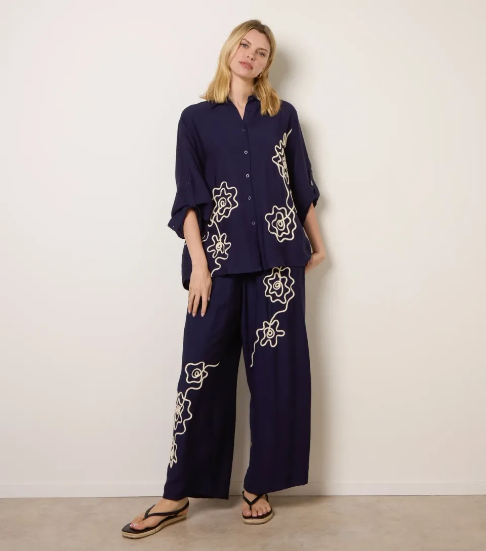 Women's Blue Floral Embroidered Trousers
