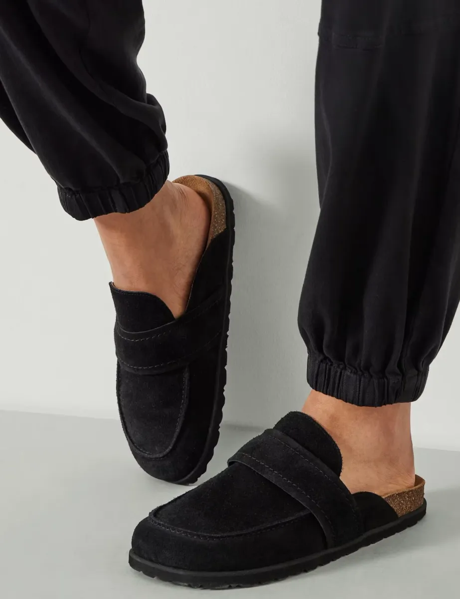 Suede Footbed Flat Mules Black