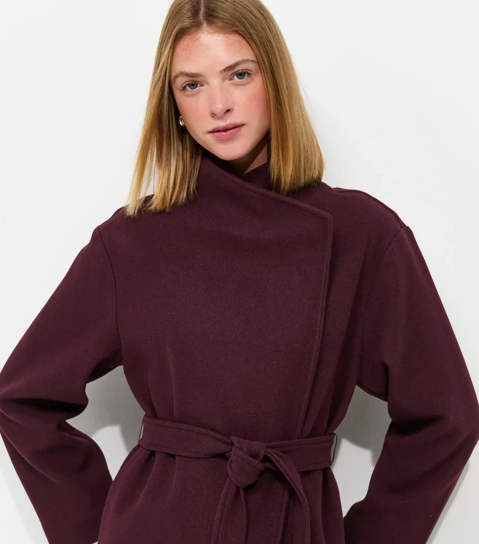 Women's Dark Burgundy High Neck Belted Jacket