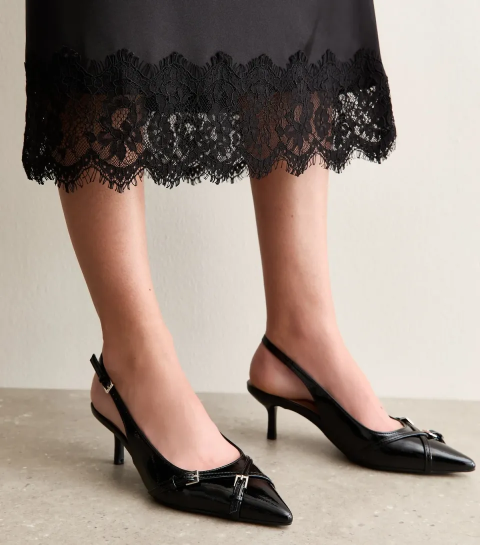 Women's Black Buckle Detail Patent Slingback Court Shoes Vegan