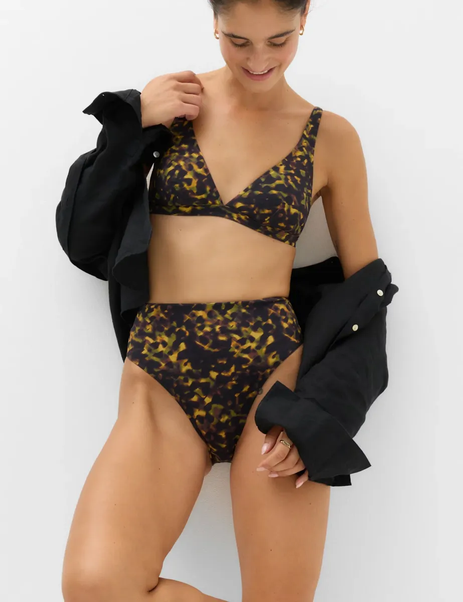 Printed Tummy Control High Waisted High Leg Bikini Bottoms Brown Mix