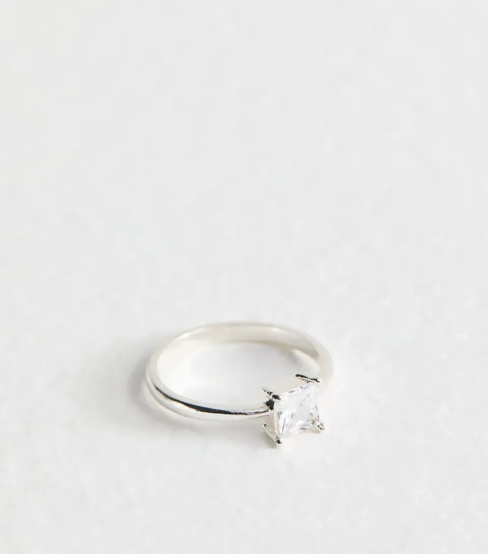 Silver Tone Square Cubic Zirconia Ring