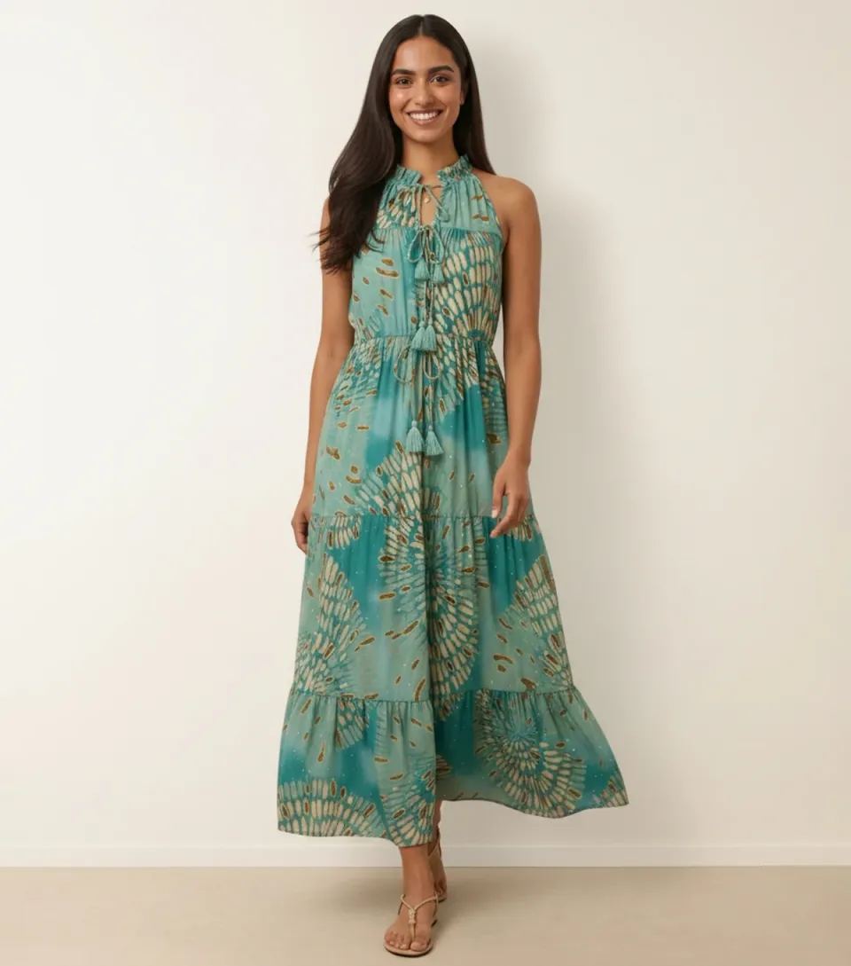 Women's Turquoise Tiered Tie Neck Maxi Dress