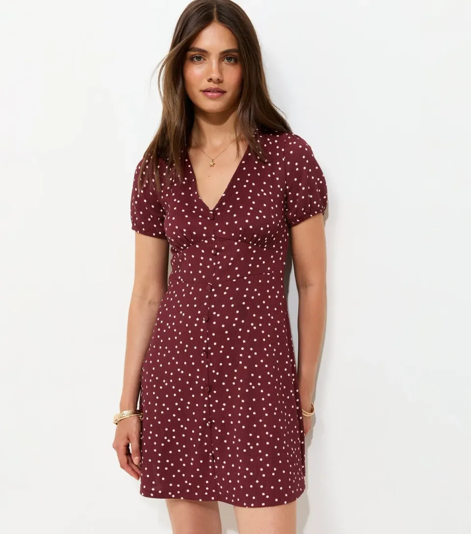 Women's Red Spot Print V-Neck Short Sleeve Mini Dress