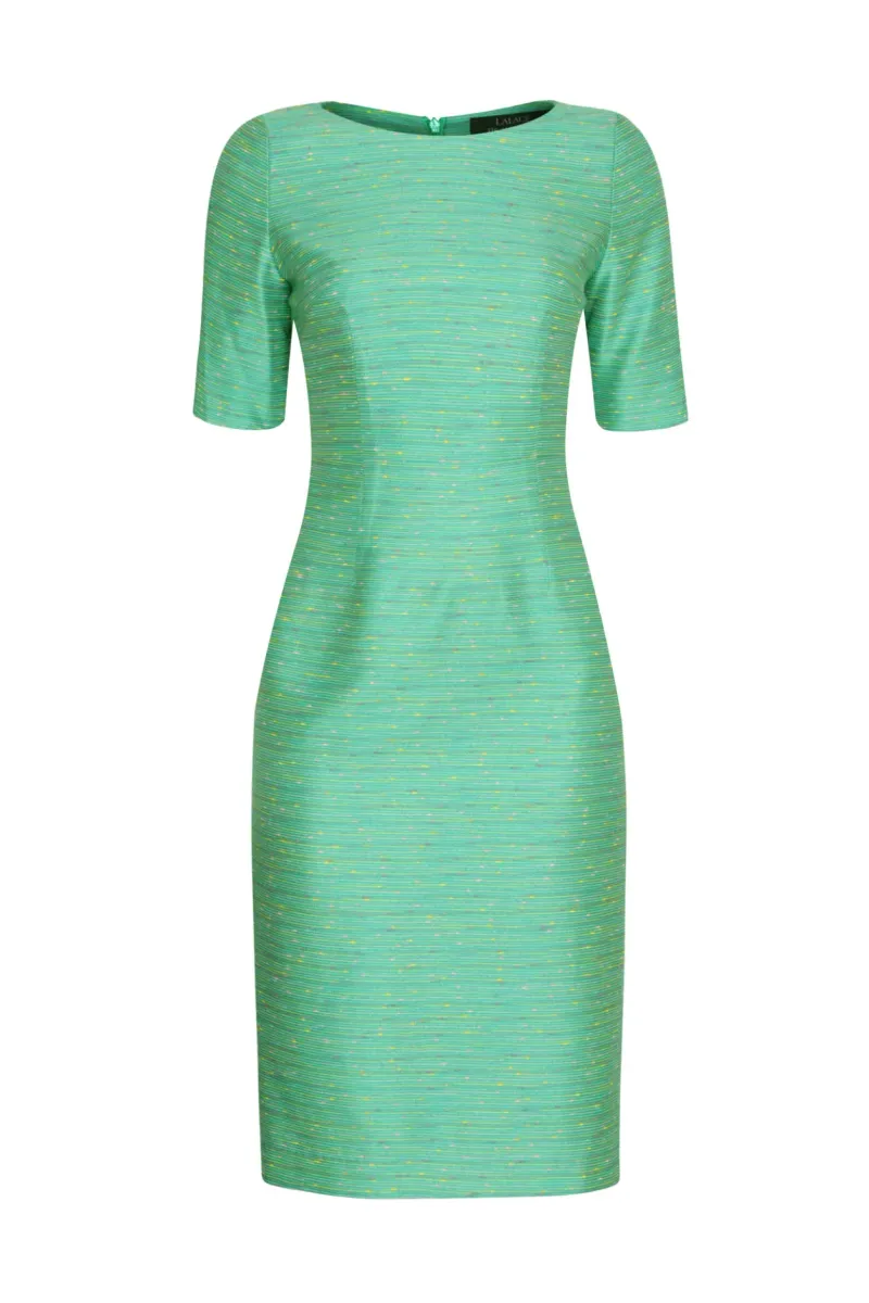 Green Summer Dress with Slub Stripe and Elbow Length Sleeves - Angie