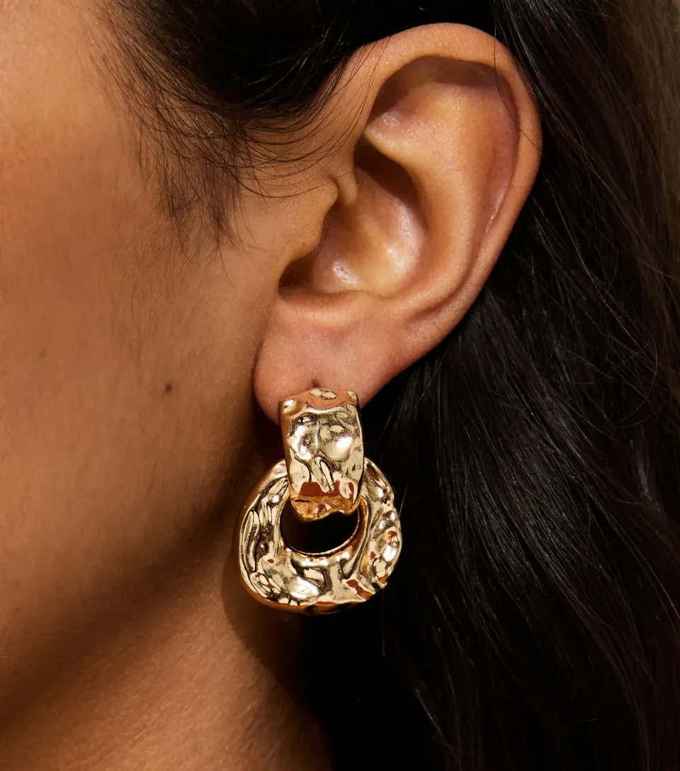 Gold Tone Chunky Beaten Oval Stud Earrings