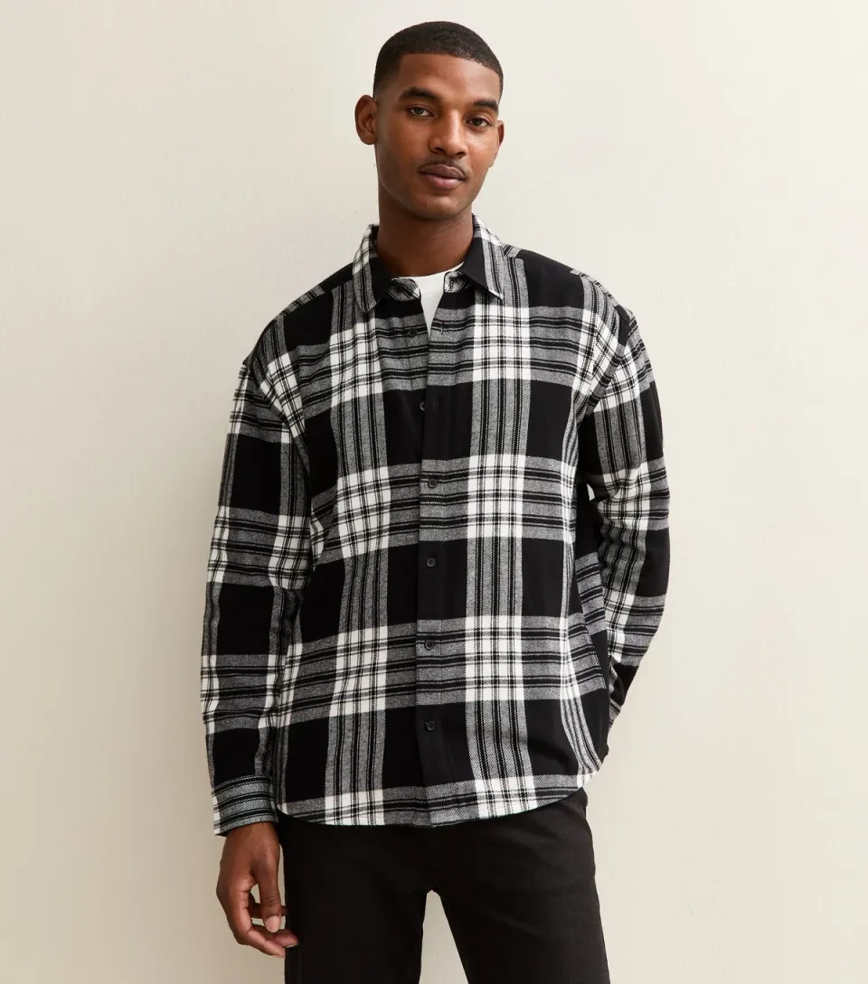 Men's Black and White Relaxed Checked Long Sleeve Shirt