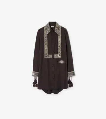 Embroidered Silk Shirt Dress in Campfire brown