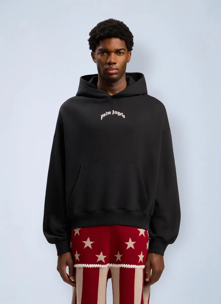 Curved Logo Loose Hooded Sweatshirt