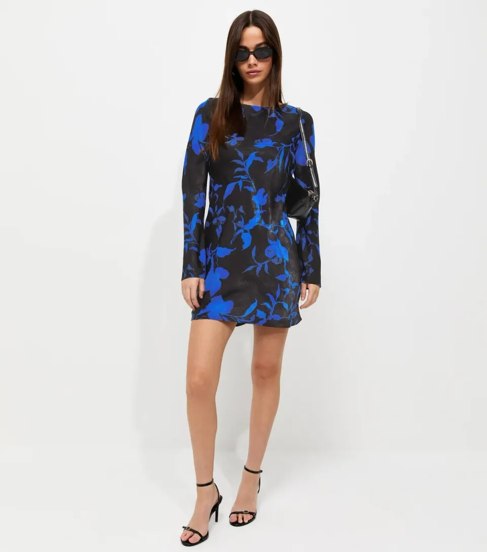 Women's Blue Floral Long Sleeve Mini Dress