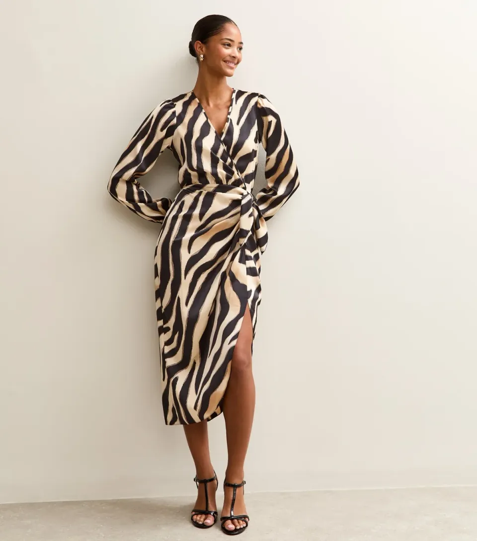 Women's Black Zebra Print Satin Tie Waist Midi Dress