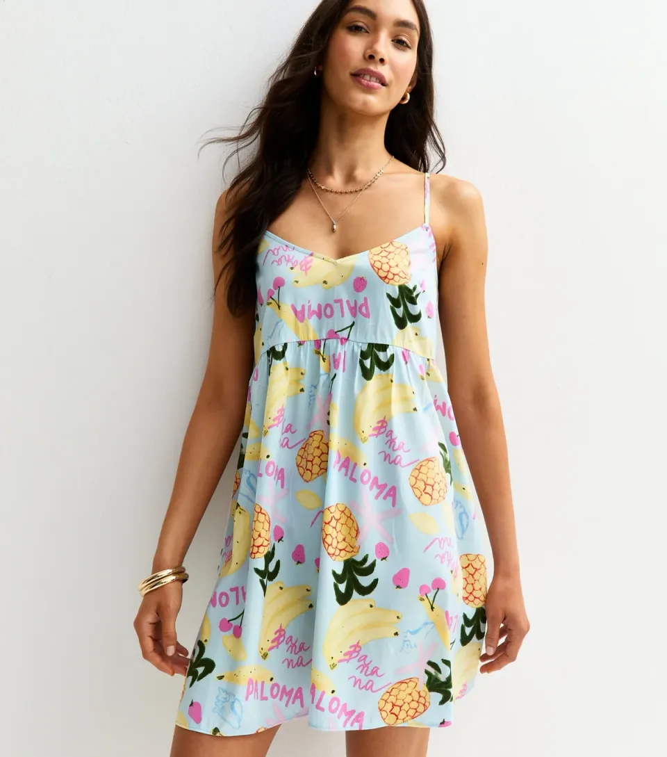 Women's Blue Fruit Print Strappy V Neck Mini Dress