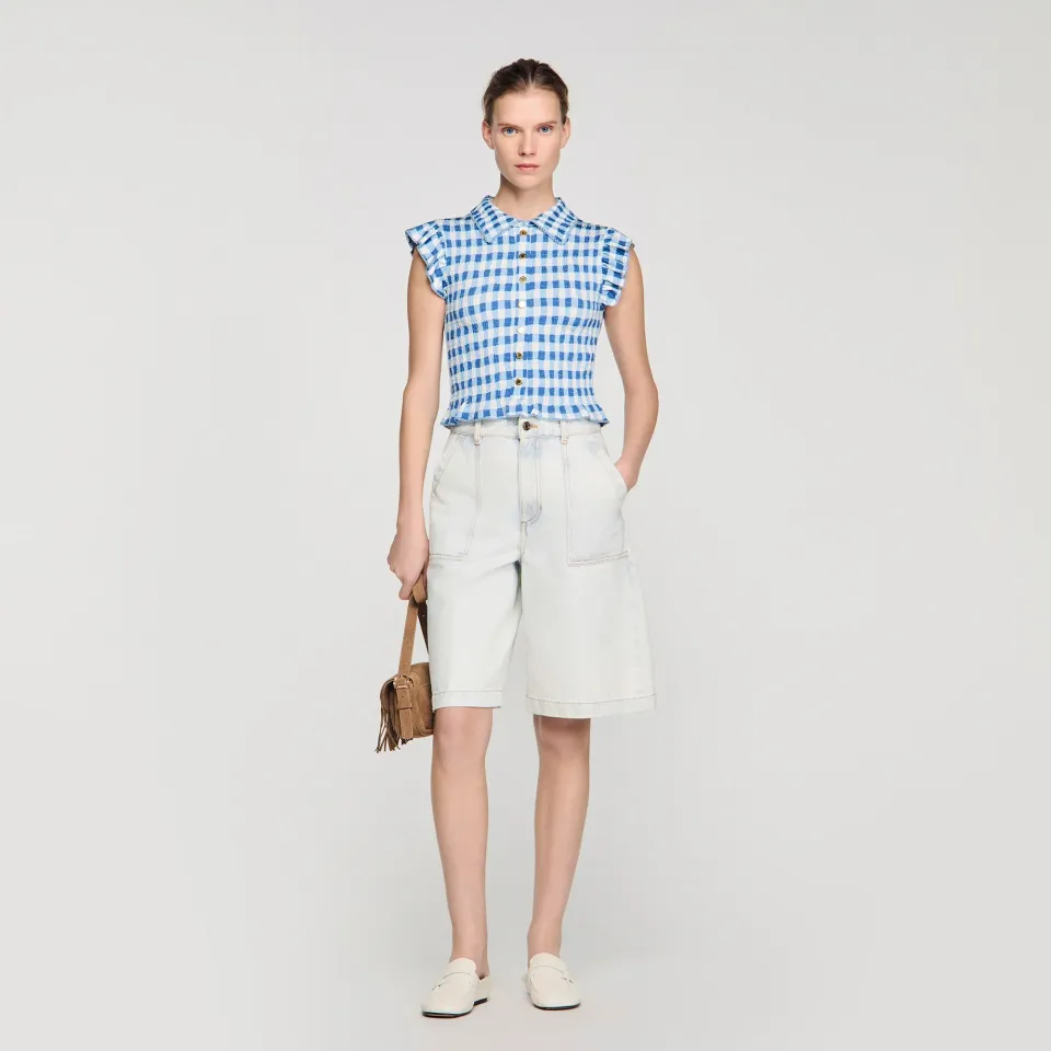 Check smocked T-shirt