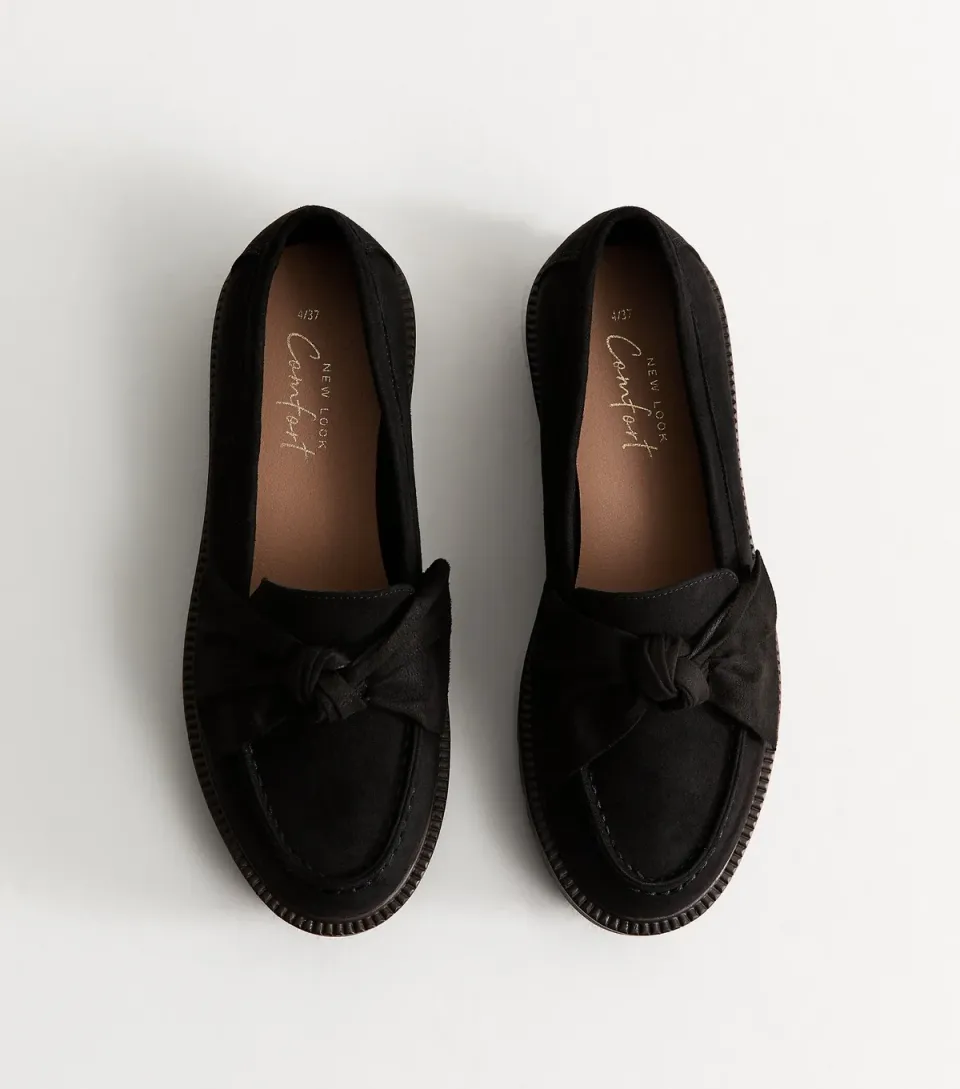 Women's Black Faux Suede Bow Loafers Vegan